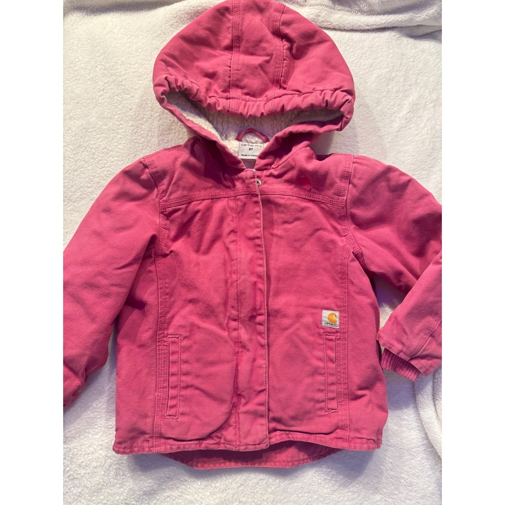 Carhartt Pink‎ Duck Jacket Canvas Chore Coat Toddler Sherpa Lined Hooded Size 3T